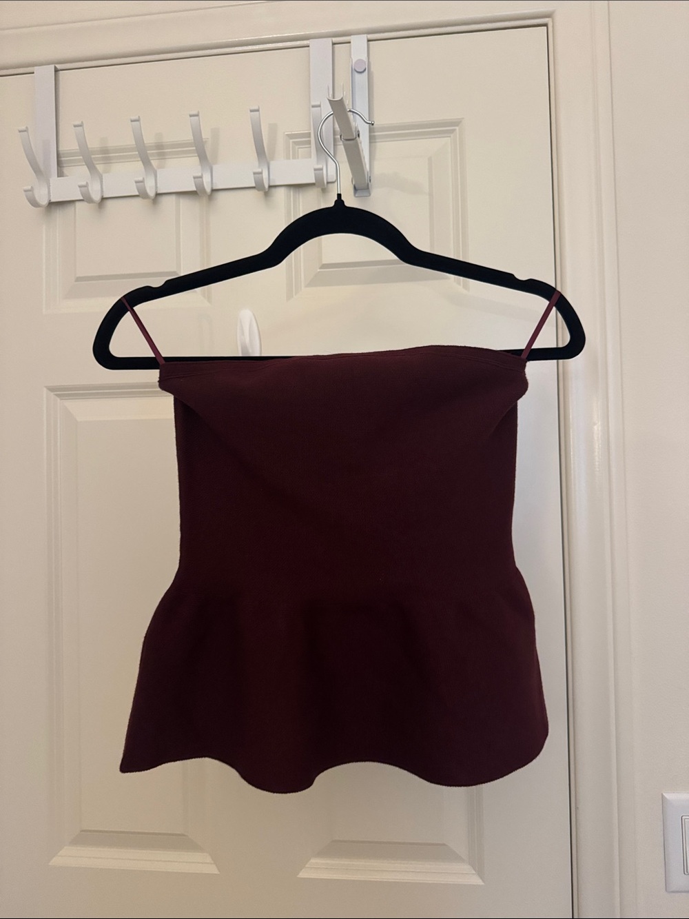 Oak and Fort Strapless Peplum Top in Burgundy